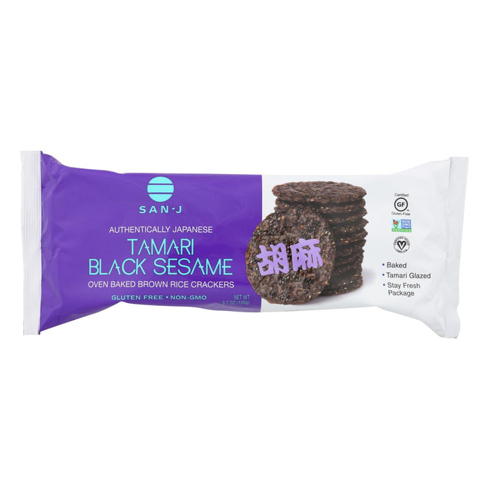 San - J Brown Rice Crackers - Black Sesame - Case Of 12 - 3.7 Oz