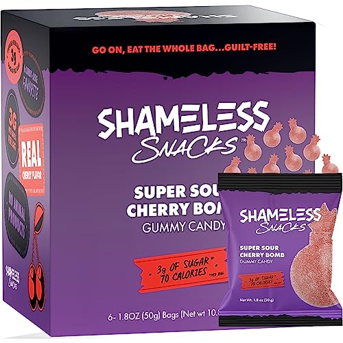 Shameless Snacks - Healthy Low Calorie Snacks, Low Carb Keto Gummies (Gluten Free Candy) - 6 Pack Sour Cherry Bomb