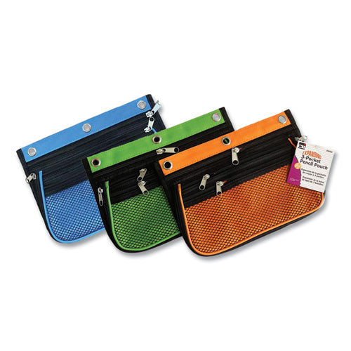 Three-pocket Binder-insertable Expandable Pencil Pouch, 10.25 X 7.5, Assorted Colors, 3/pack.