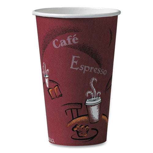 Paper Hot Drink Cups In Bistro Design, 16 Oz, Maroon, 50/pack.