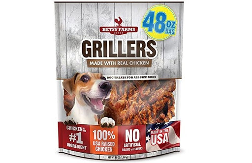 48 oz. bag of Betsy Farms Grillers Dog Treats, made with real chicken, high-protein, natural dog treats crafted in the USA – perfect for training and rewarding.