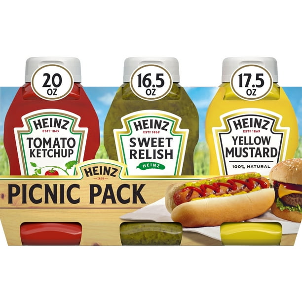 Heinz Tomato Ketchup, Sweet Relish & 100% Natural Yellow Mustard Picnic Variety