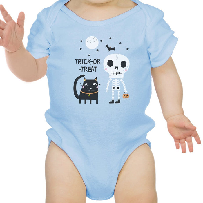 Trick-Or-Treat Skeleton Black Cat Baby Sky Blue Bodysuit.