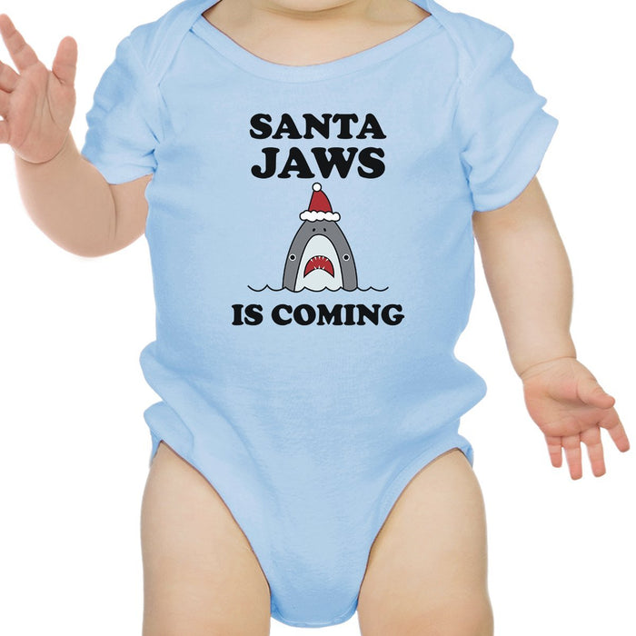 Santa Jaws Is Coming Baby Sky Blue Bodysuit.