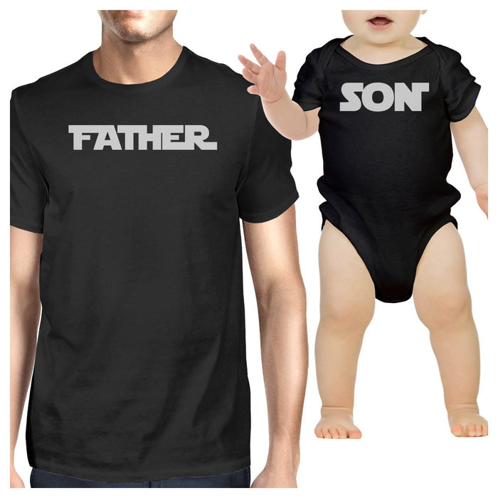 Father Son Star Battle Theme Dad and Baby Matching Black Shirts.