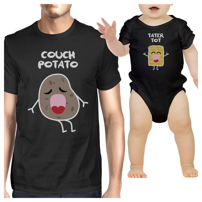 Couch Potato Tater Tot Dad and Baby Matching Black Shirts.