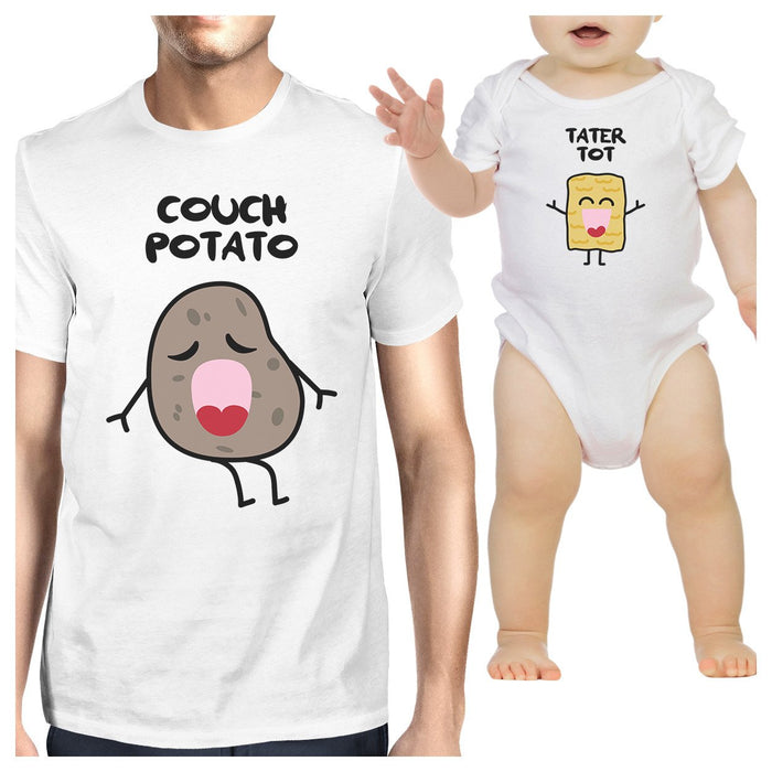 Couch Potato Tater Tot Dad and Baby Matching White Shirts.