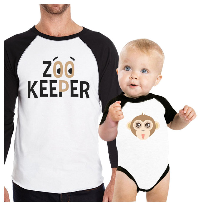 Zoo Keeper Monkey Dad and Baby Matching Black And White Baseball Shirts.