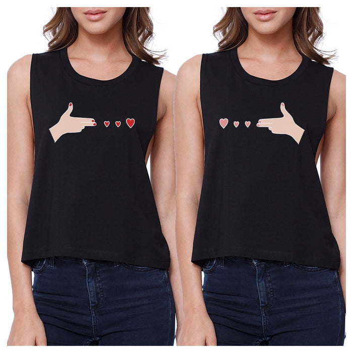 Gun Hands With Hearts BFF Matching Black Crop Tops.