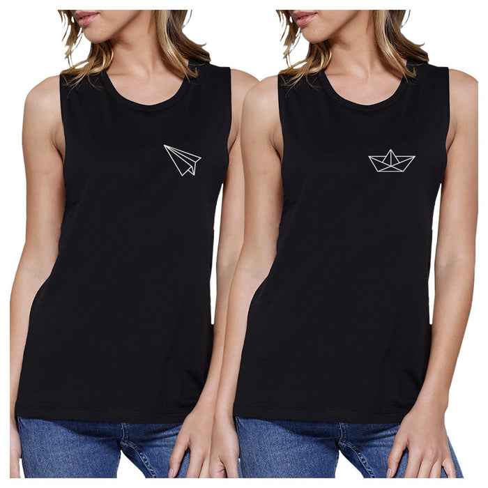 Origami Plane And Boat BFF Matching Black Muscle Tops.