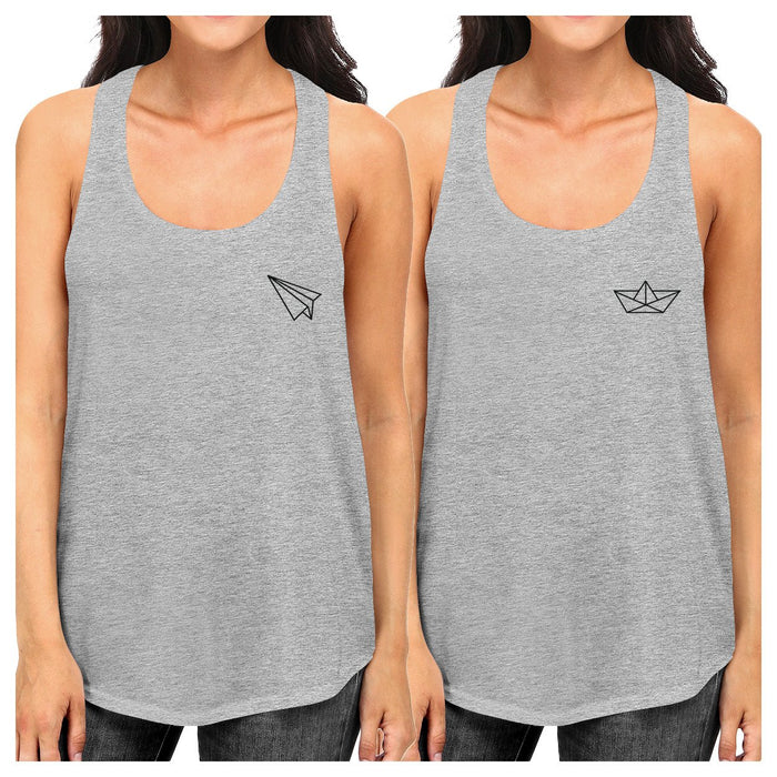 Origami Plane And Boat BFF Matching Grey Tank Tops.