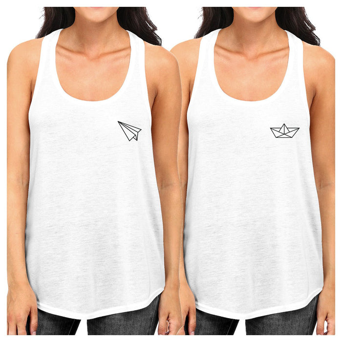 Origami Plane And Boat BFF Matching White Tank Tops.