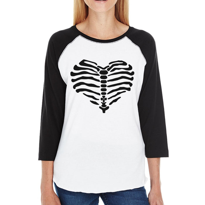 Skeleton Heart Womens Black And White BaseBall Shirt.