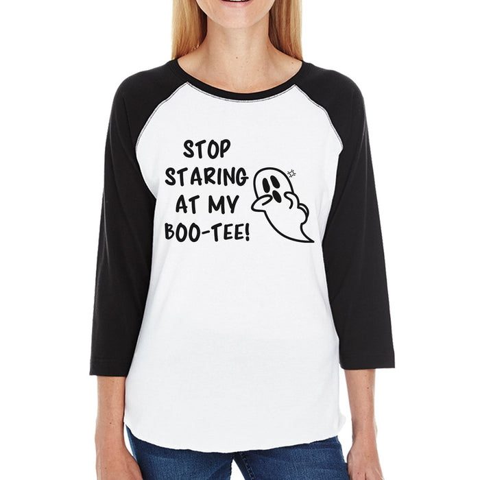 Stop Staring At My Boo-Tee Ghost Womens Black And White BaseBall Shirt.