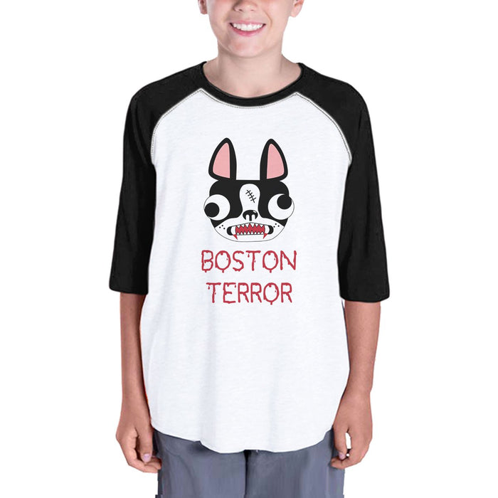 Boston Terror Terrier Kids Black And White BaseBall Shirt.