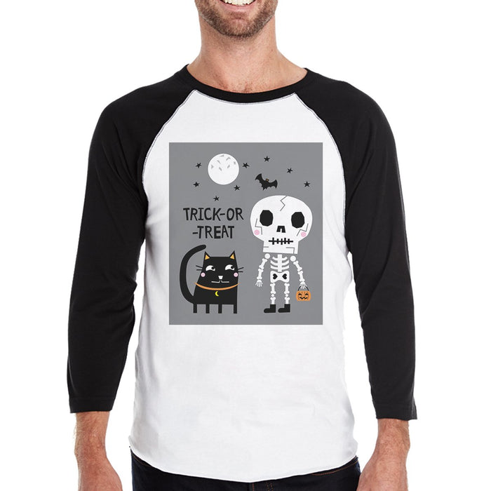 Trick-Or-Treat Skeleton Black Cat Mens Black And White BaseBall Shirt.