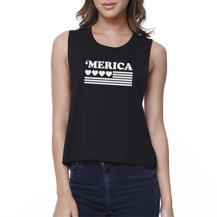 Heart 'Merica Flag Womens Black Cotton 4th of July Crop Shirt Idea.