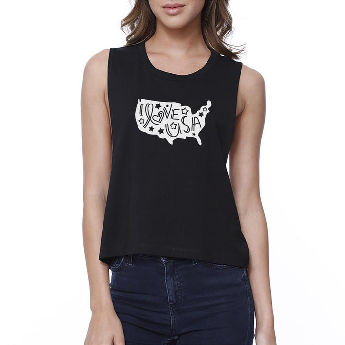 I Love USA Map Crop Top For Women Cute Lettering Design Crop Tee.