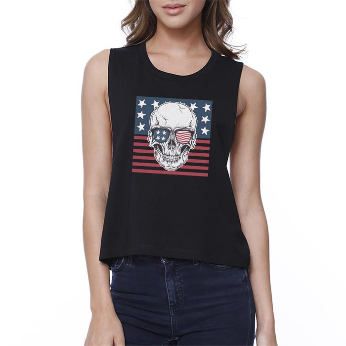 Skull American Flag Womens Black Crop Top Crewneck Line Cotton Tee.