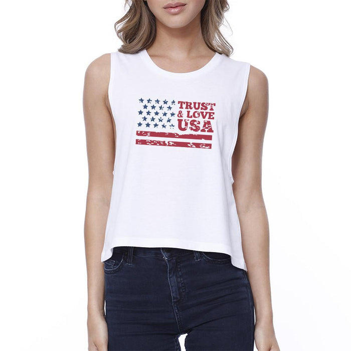 Trust Love USA Womens White Crop Top Round Neck Line Cotton Tanks.