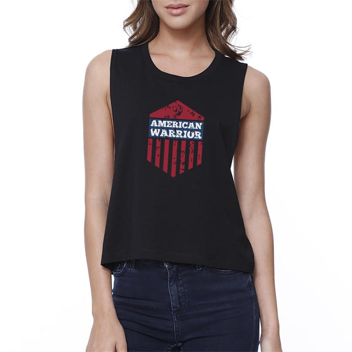 American Warrior Womens Black Crewneck Crop Tee Shirt Gift For Her.