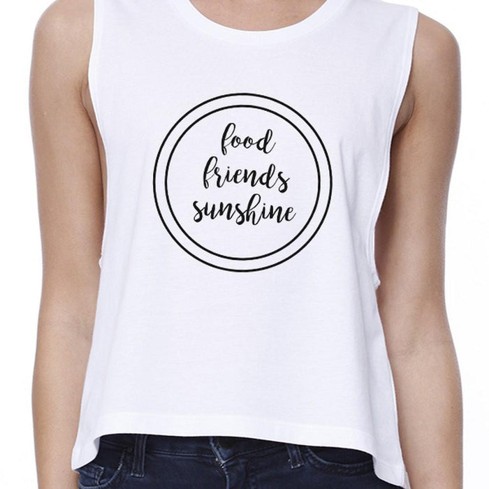 Food Friends Sunshine Womens White Graphic Crop Top Letter Printed.