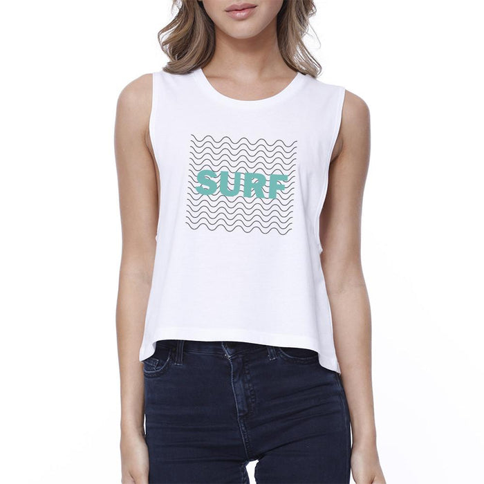 Surf Waves Womens White Sleeveless Crop Tee Shirt For Surfing Lover.