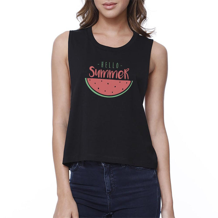 Hello Summer Watermelon Womens Black Crop Top.