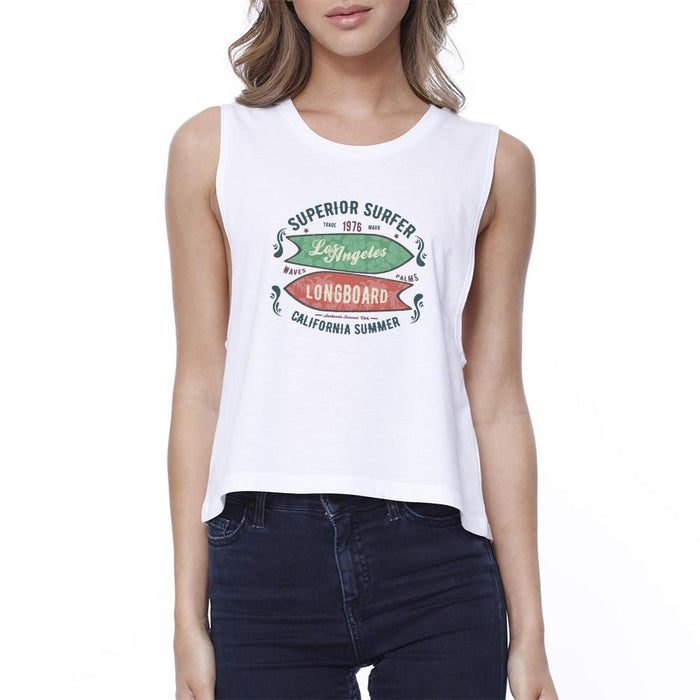 Superior Surfer Los Angeles Longboard Womens White Crop Top.