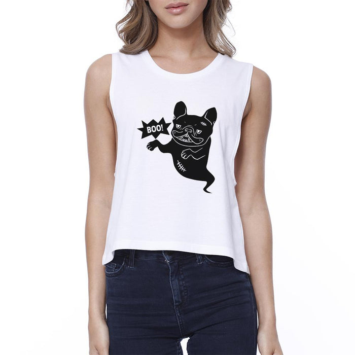 Boo French Bulldog Ghost Womens White Crop Top.