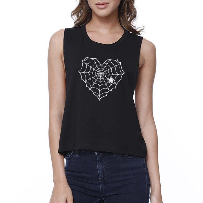 Heart Spider Web Womens Black Crop Top.