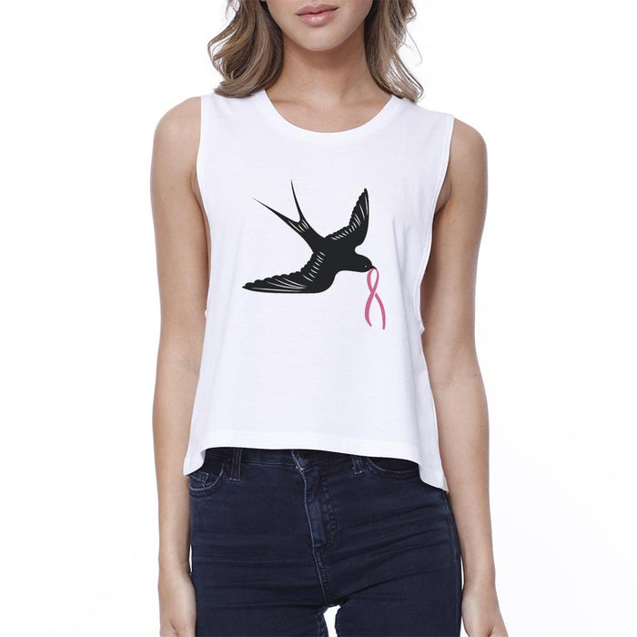 Pink Ribbon And Swallows Birds Womens White Crop Top.