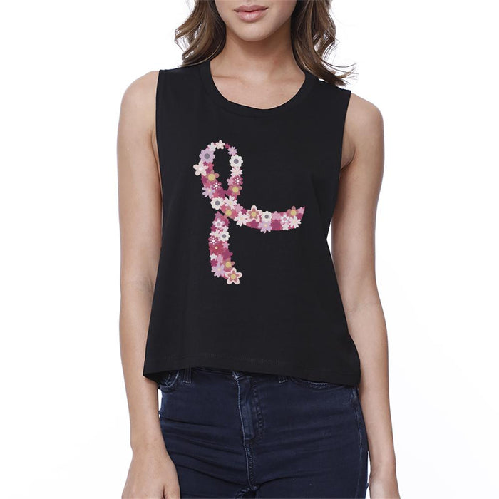 Pink Floral Ribbon Womens Black Crop Top.