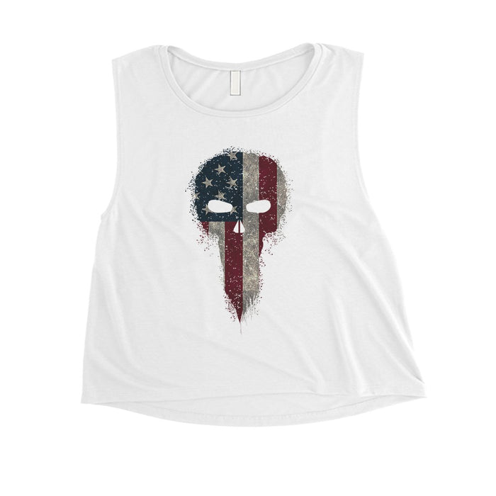 Vintage American Skull Womens Crop Tee Cute 4th of July Outfits.