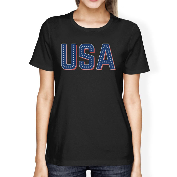 USA With Stars Womens Black Cotton Tee Unique Independence Day Top.