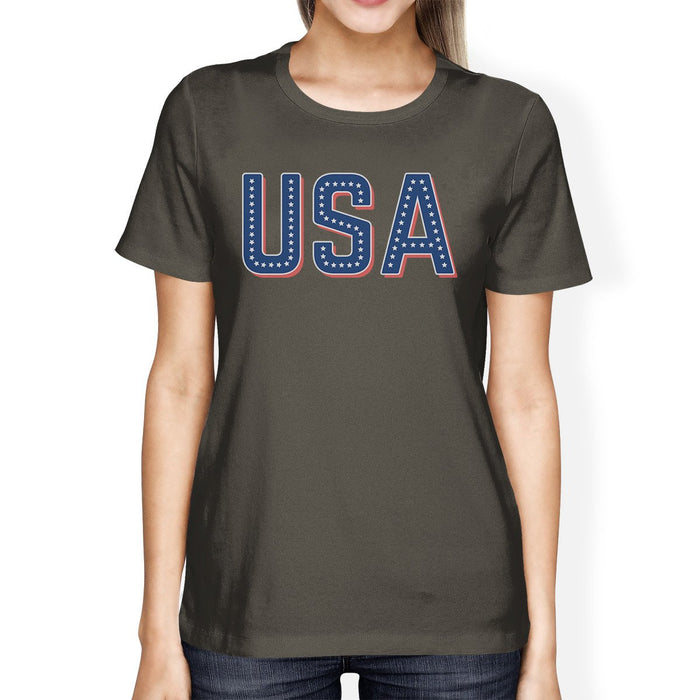 USA With Stars Womens Dark Grey Crewneck Tee Shirt For 4th Of July.