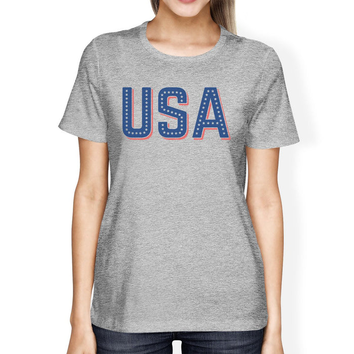 USA With Stars Unique USA Letter Printed Womens Short Sleeve Shirt.