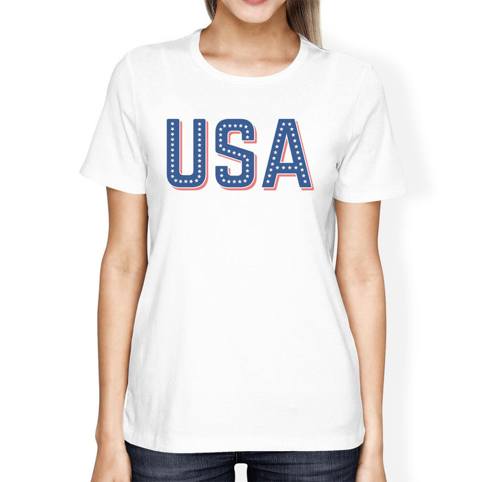 USA With Stars Simple Graphic Tee White Round Neck T Shirt For Her.