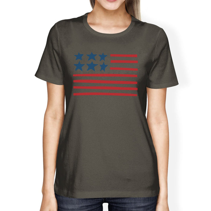 USA Flag Womens Gray Crewneck Graphic Tee Unique 4th Of July Shirt.