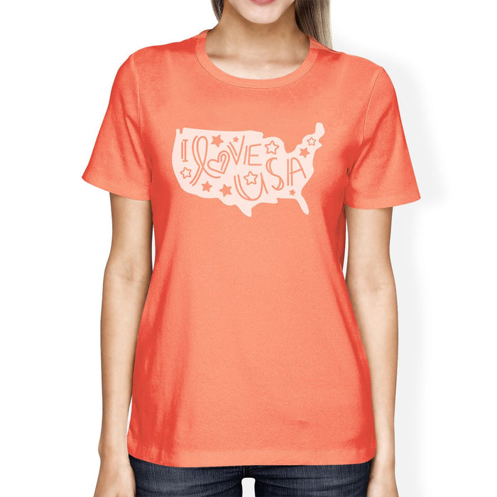 I Love USA Map Women Round Neck Graphic Tee For Independence Day.