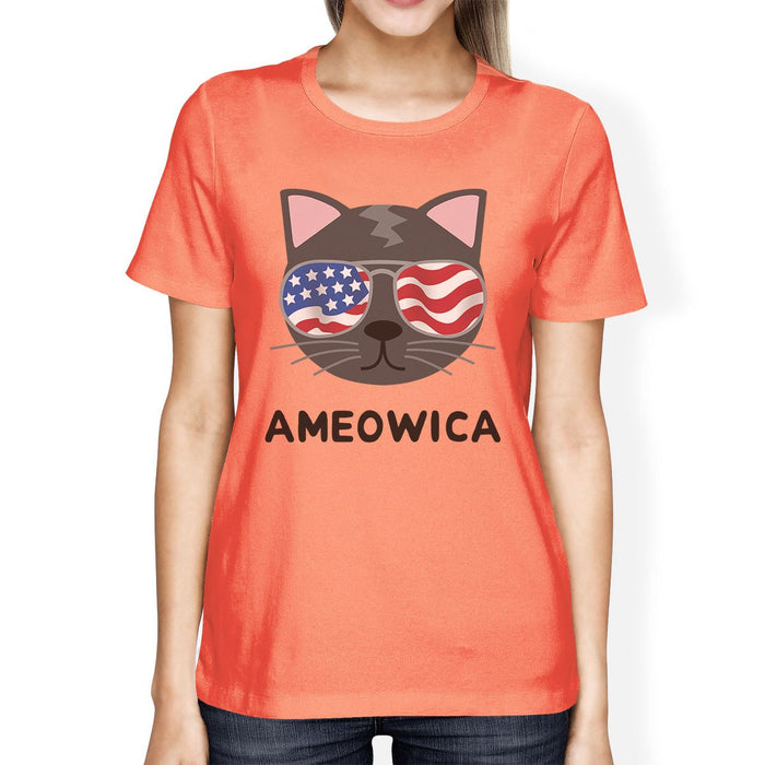 Ameowica Cute Independence Day T-Shirt Idea For Women Round Neck.