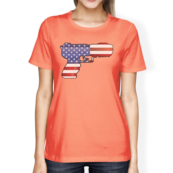 American Flag Pistol Womens Peach T-Shirt 4th Of July Design Tee.