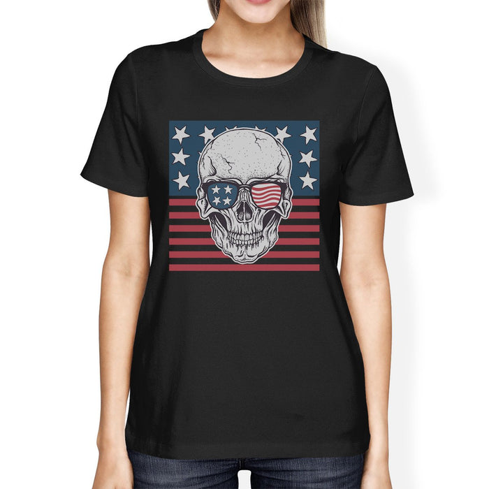 Skull American Flag Shirt Womens Black Round Neck Tee US Army Gift.