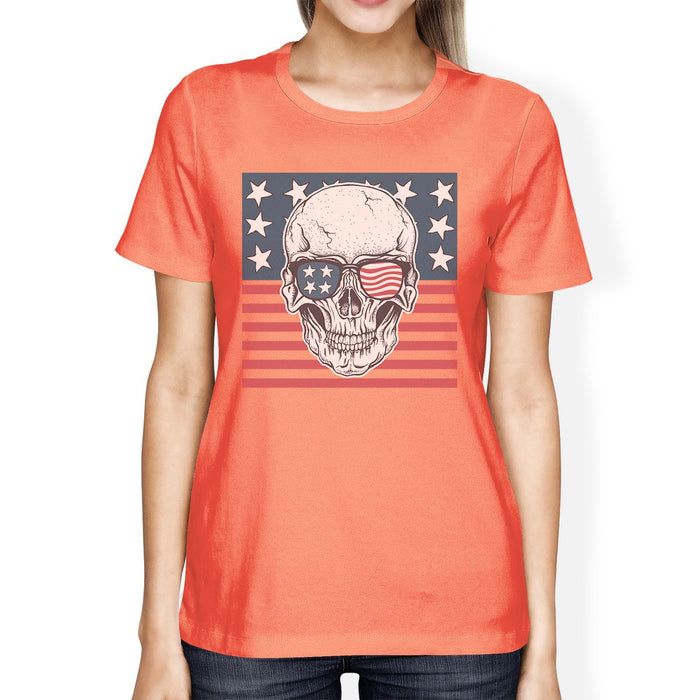 Skull American Flag Tee Womens Peach Round Neck US Army Gifts.