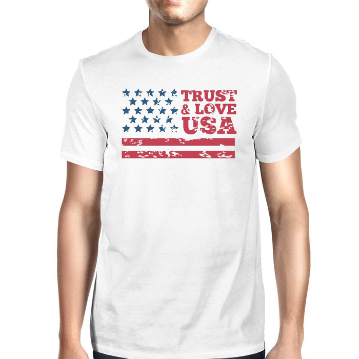 Trust & Love USA American Flag Shirt Mens White Round Neck Tshirt.