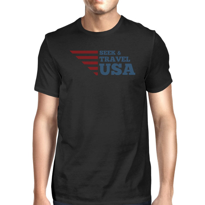 Seek & Travel USA American Flag Shirt Mens Black Cotton Graphic Tee.