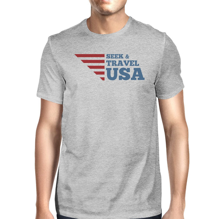 Seek & Travel USA American Flag Shirt Mens Gray Cotton Graphic Tee.