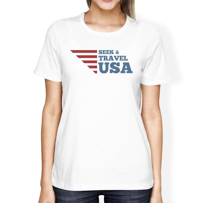 Seek & Travel USA American Flag Shirt Womens White Graphic Tshirt.