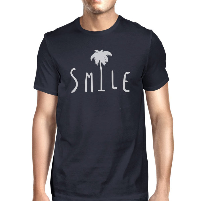 Smile Palm Tree Mens Navy Cotton Round Neck Tee Outfit For Summer.