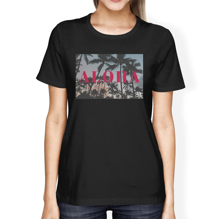 Aloha Hawaii Palm Tree Sunset Womens Black Cool Cotton Tee Shirt.